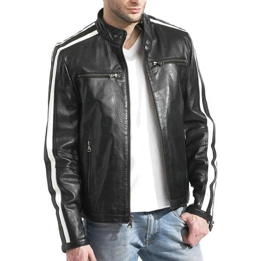 Men's Black Leather White Stripe Moto Racer Jacket