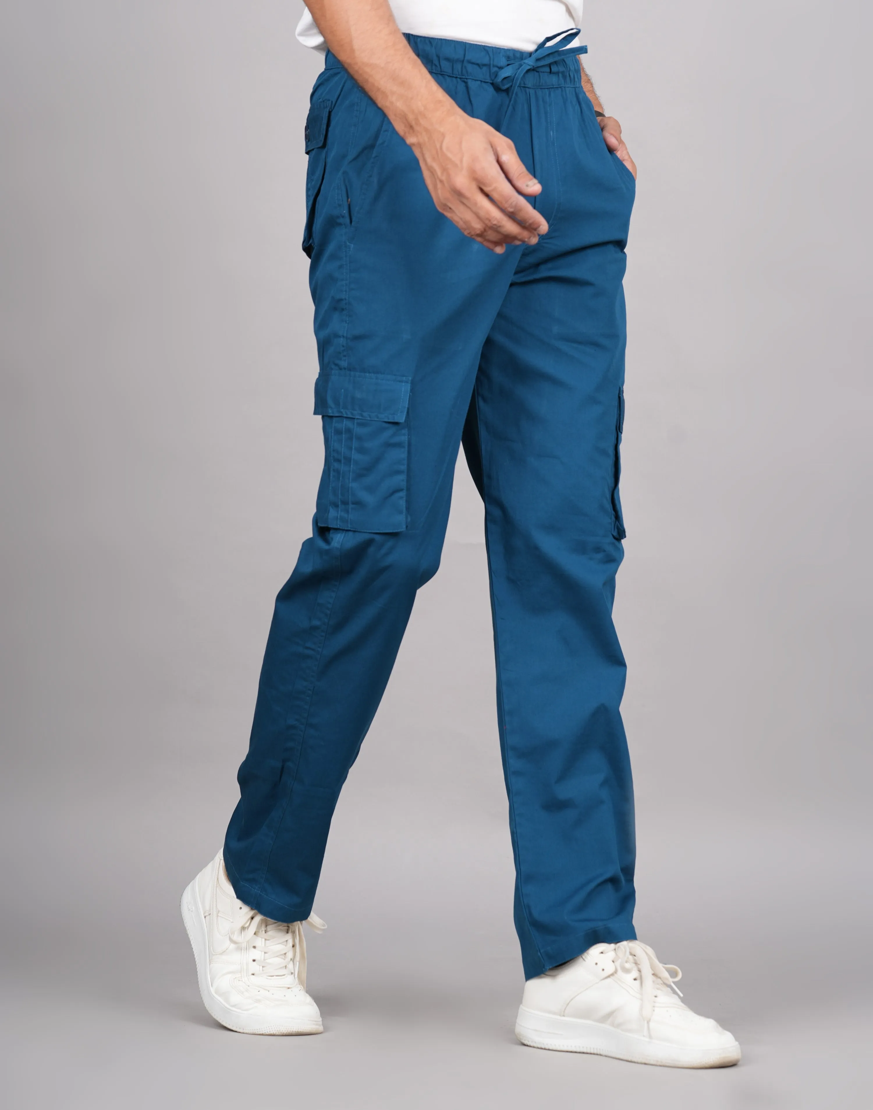 Men's Cotton Darkblue Slim Fit Solid Cargos, Casual Trousers With Cargo Pockets (Dark Blue) - House Of Rp