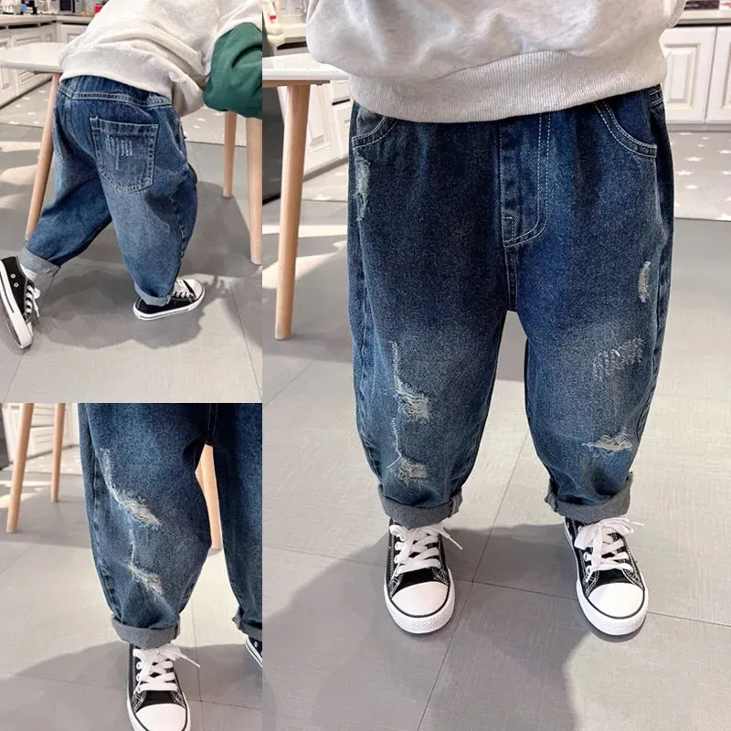 New Boys and Girls Denim Pants Dark Perforated Pants Girl Boys Spring and Autumn Casual Pants 0-6 Year Old Children's Clothing