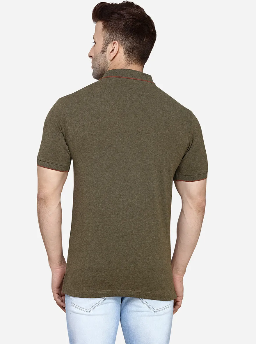 Olive Melange Solid Slim Fit Polo T-Shirt | Greenfibre