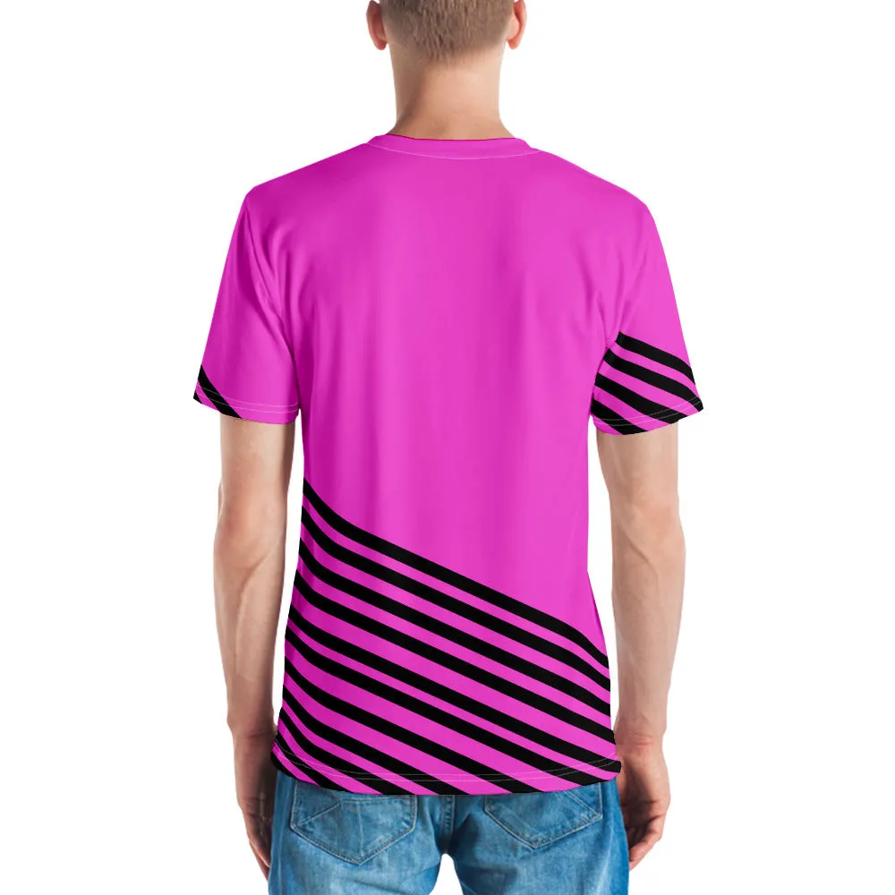 Pink Black Striped Men's T-shirt, Modern Stripes Luxury Tees For Men-Made in USA/EU/MX