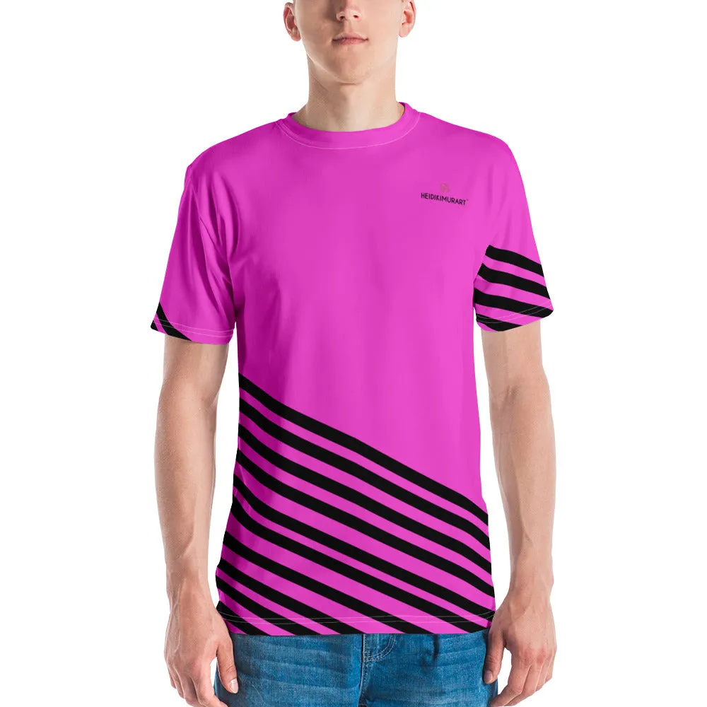 Pink Black Striped Men's T-shirt, Modern Stripes Luxury Tees For Men-Made in USA/EU/MX