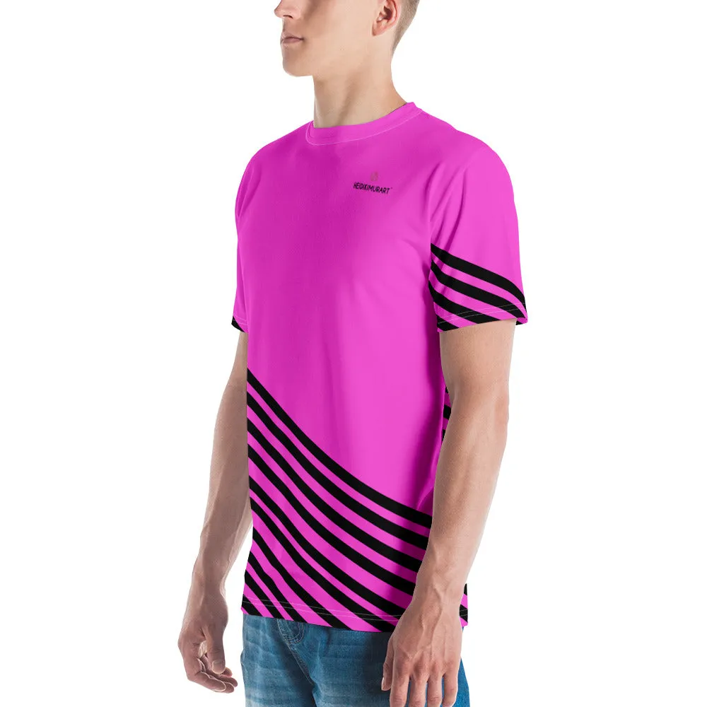 Pink Black Striped Men's T-shirt, Modern Stripes Luxury Tees For Men-Made in USA/EU/MX