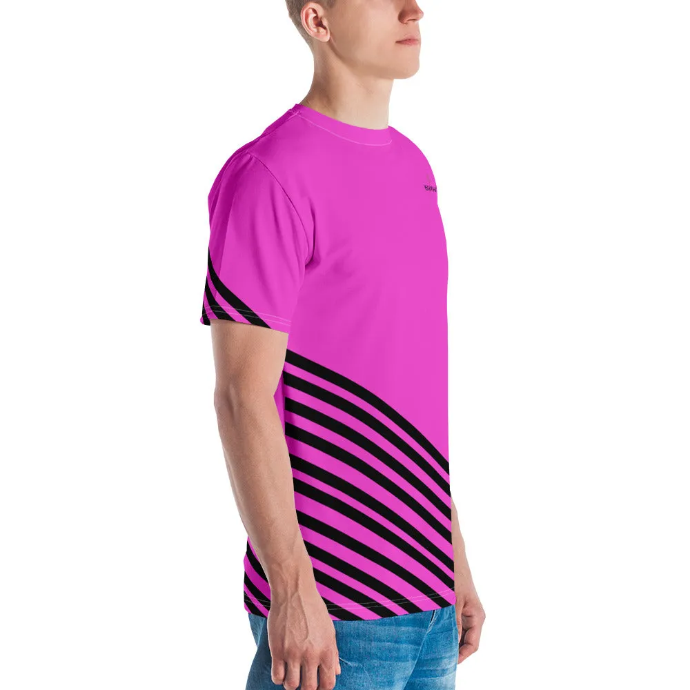 Pink Black Striped Men's T-shirt, Modern Stripes Luxury Tees For Men-Made in USA/EU/MX