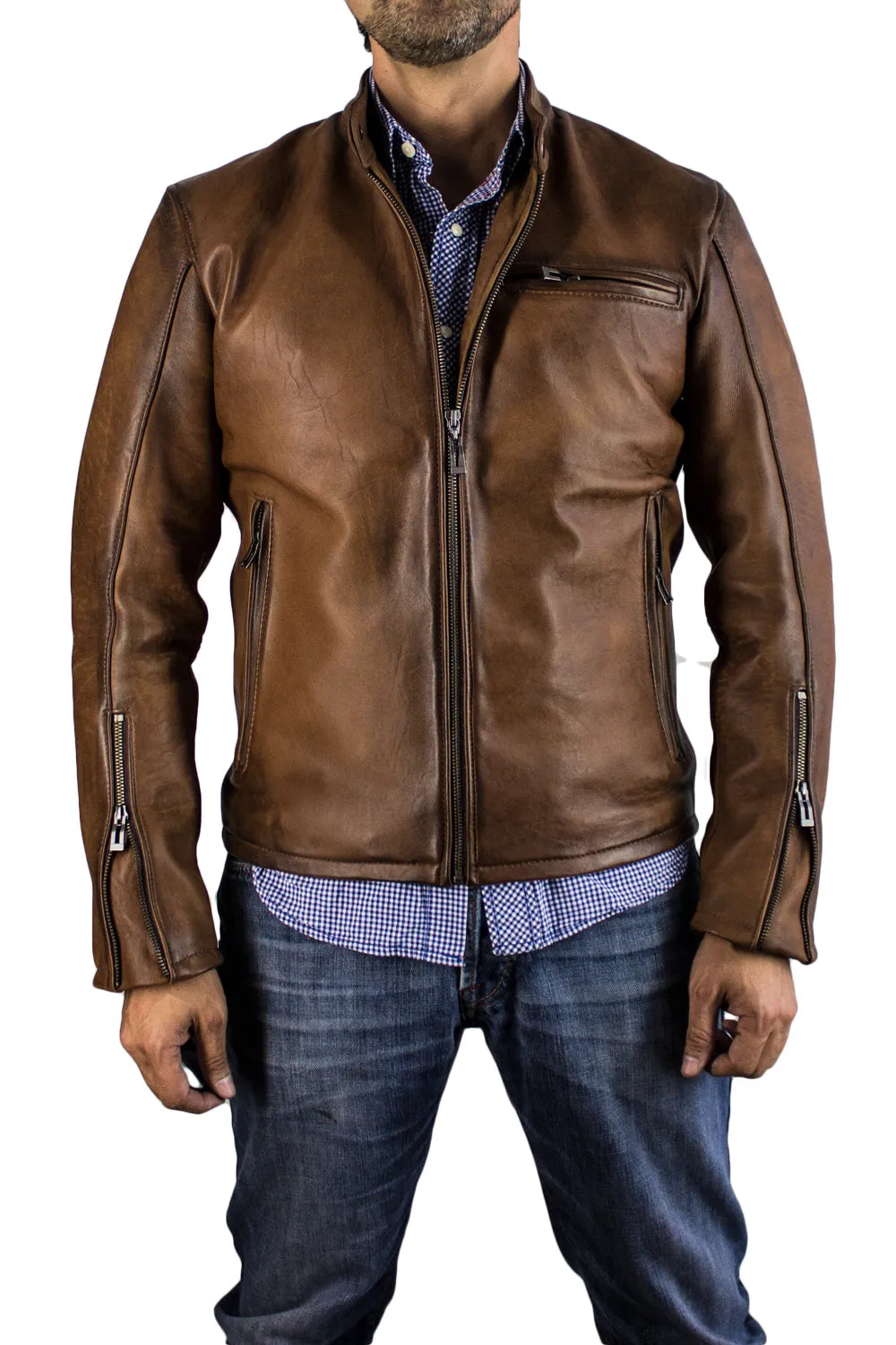 R79 HB Leather Jacket Luxury Cafe Racer Antique Brown Vintage Fit Hand Burnished