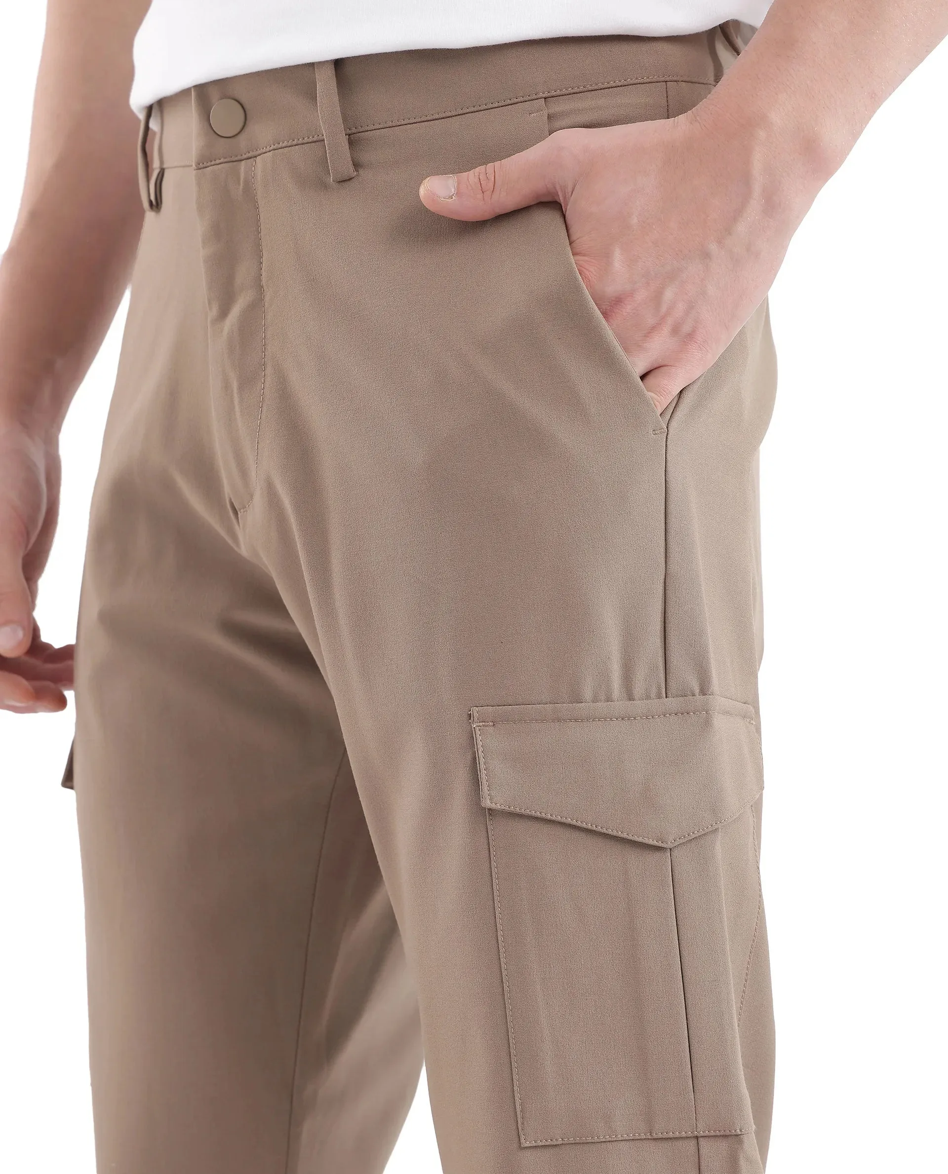 Rare Rabbit Men Traco Dark Beige Button And Zip Closure Plain Trouser