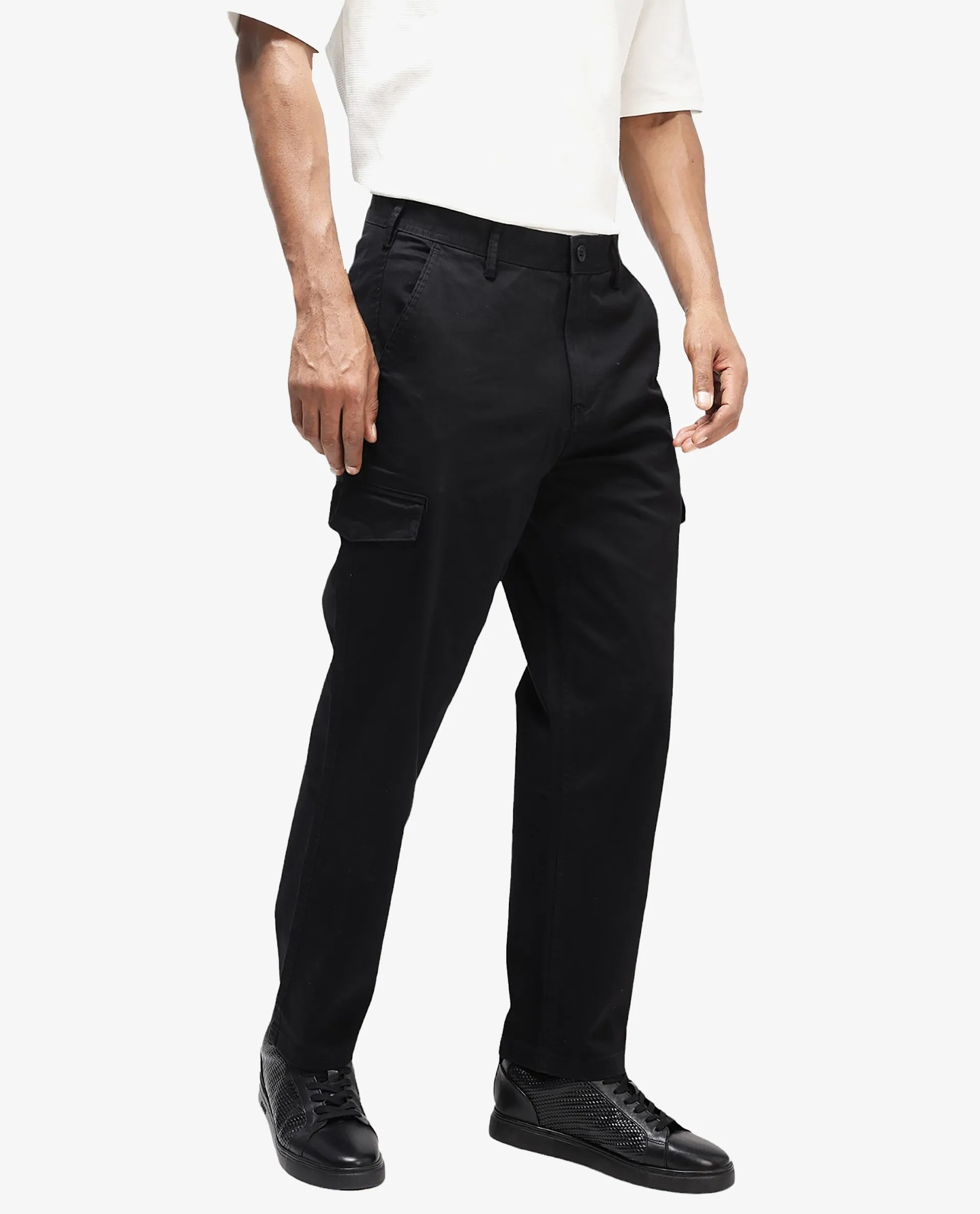 Rare Rabbit Men's Zipo Black Cotton Fabric Mid Rise Regular Fit Solid Cargo Trouser