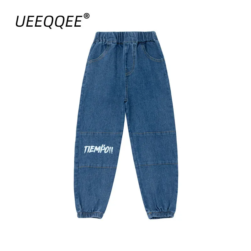 Spring Autumn Children Jeans 4-14Y Boys Cotton Print Splice Stretch Denim Pants Korean Teenage Trousers Wear Kids Clothing New