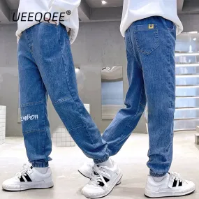 Spring Autumn Children Jeans 4-14Y Boys Cotton Print Splice Stretch Denim Pants Korean Teenage Trousers Wear Kids Clothing New