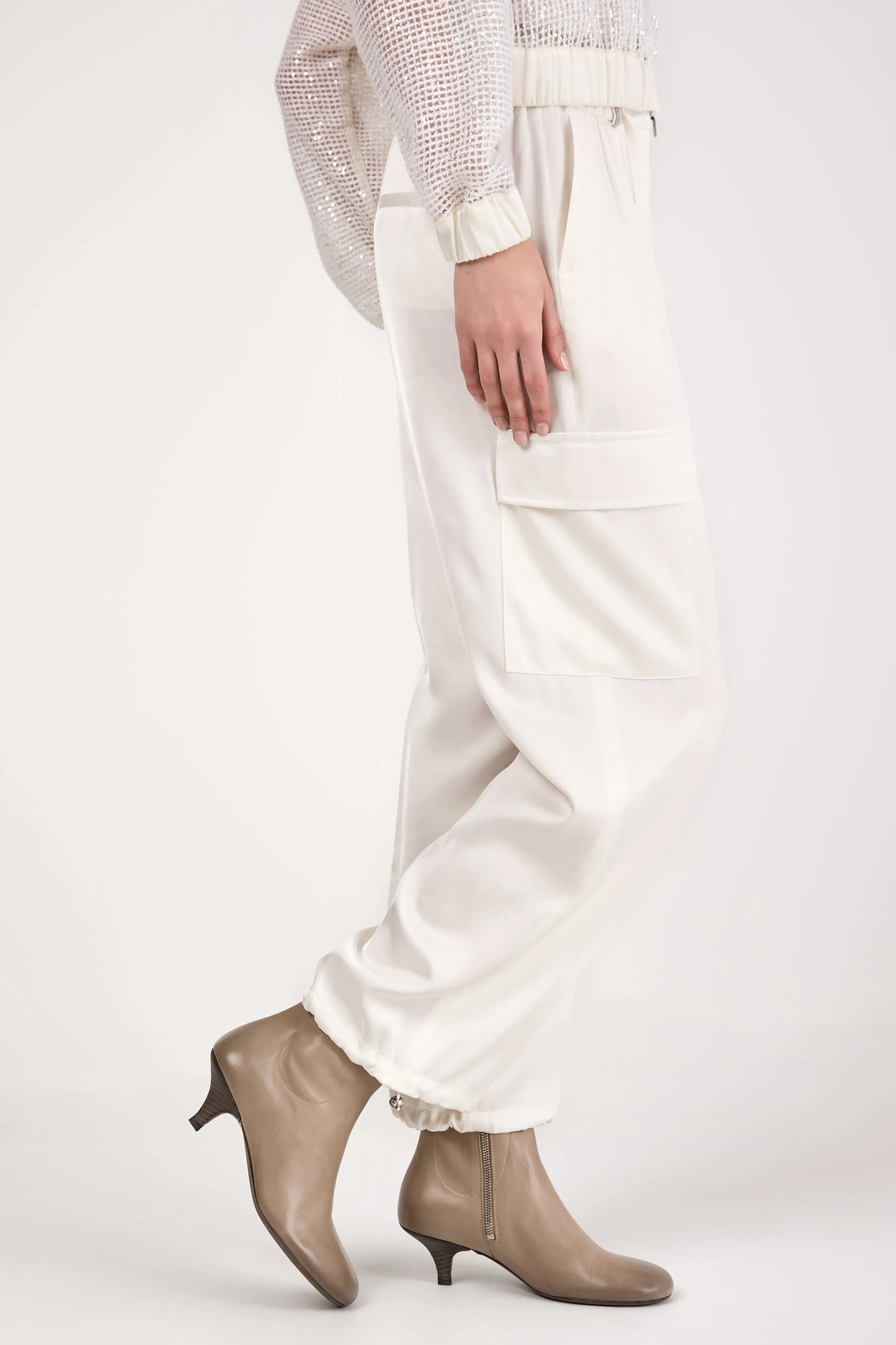 Viscose Satin Cargo Pant in Natural White