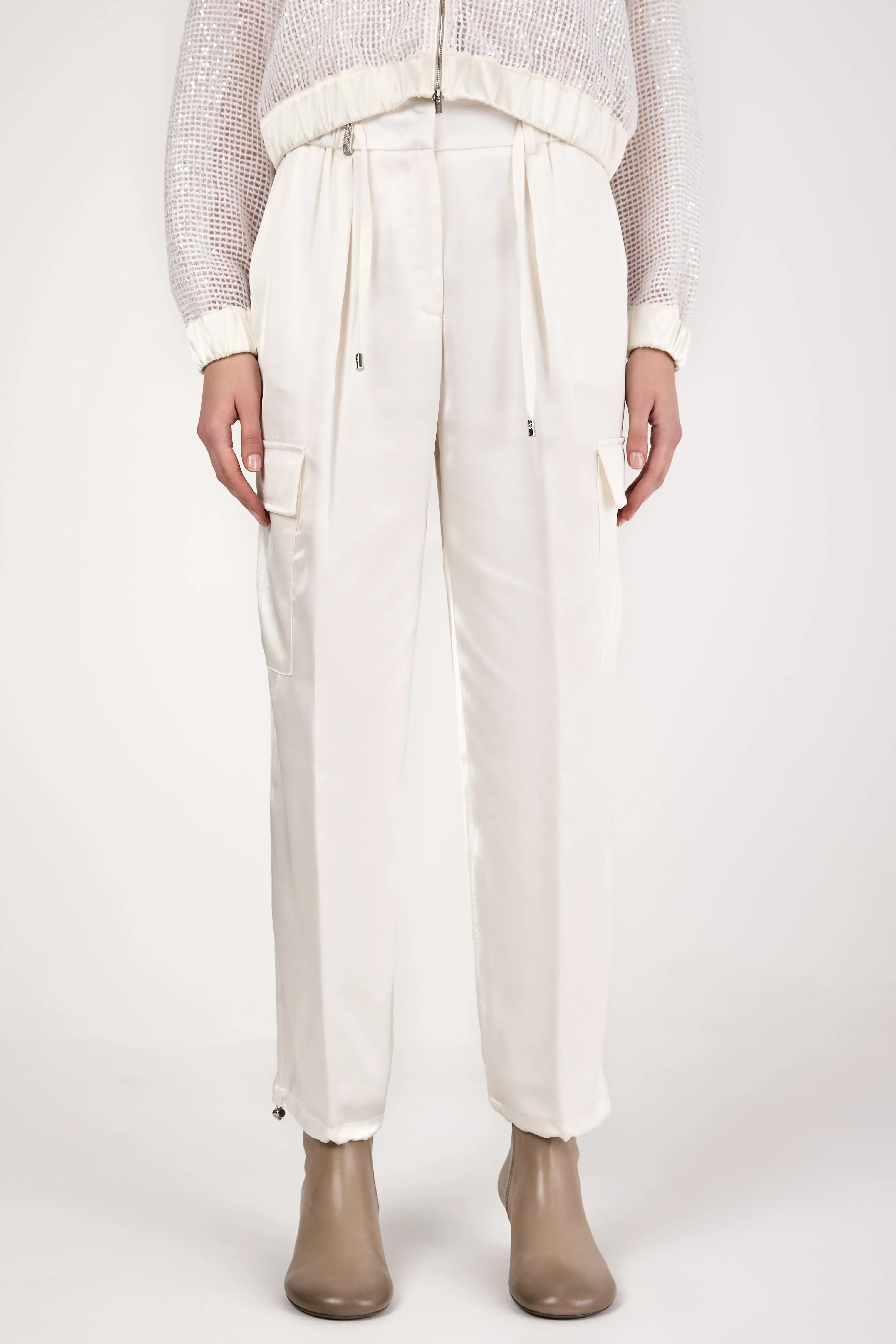 Viscose Satin Cargo Pant in Natural White