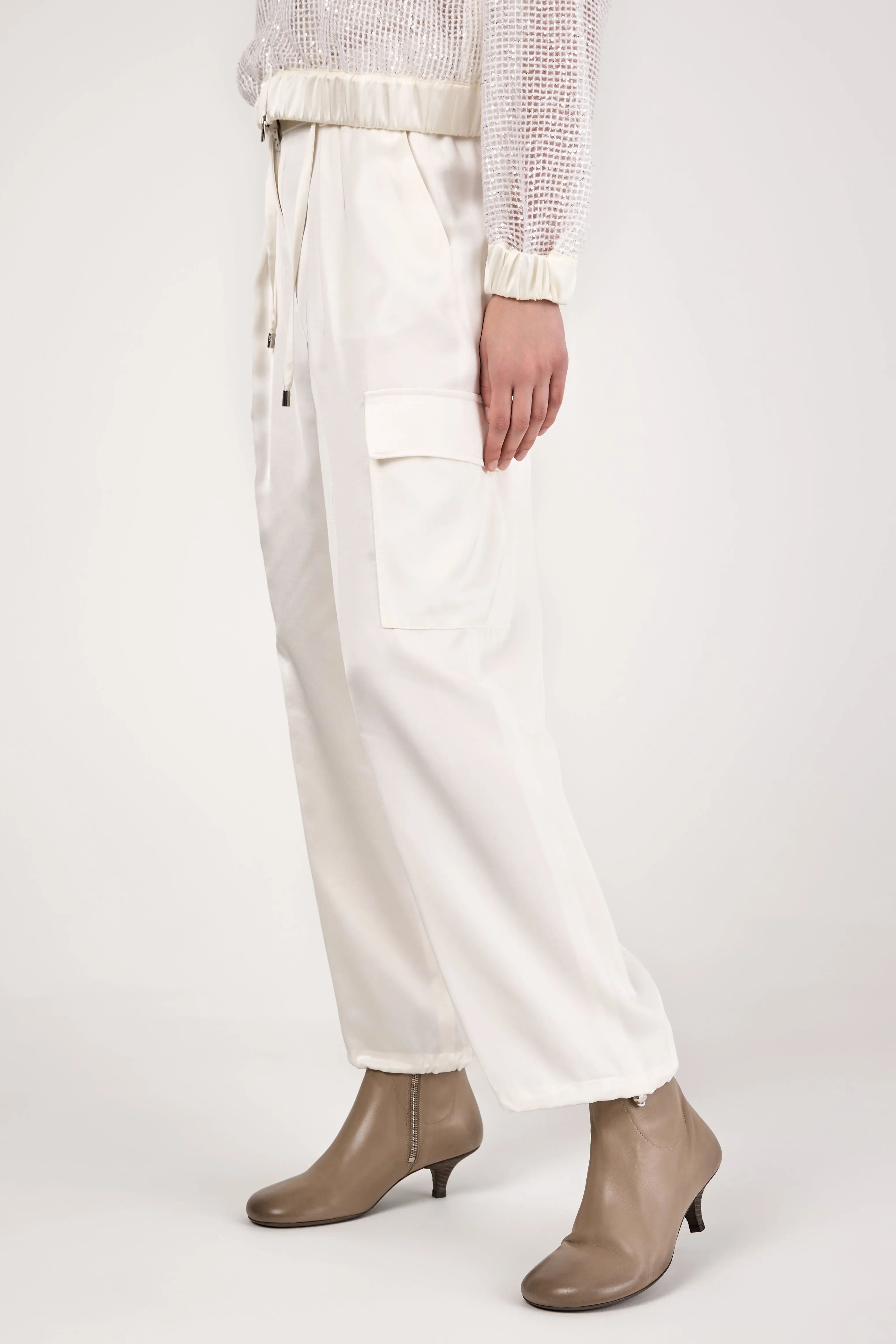 Viscose Satin Cargo Pant in Natural White