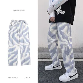 Wiaofellas  -  Men's Fashion Jeans New Tie Dye  Men's Street Hip Hop Elastic Waist Casual Wide Leg Pants Korean Trousers Spring Summer Jeans