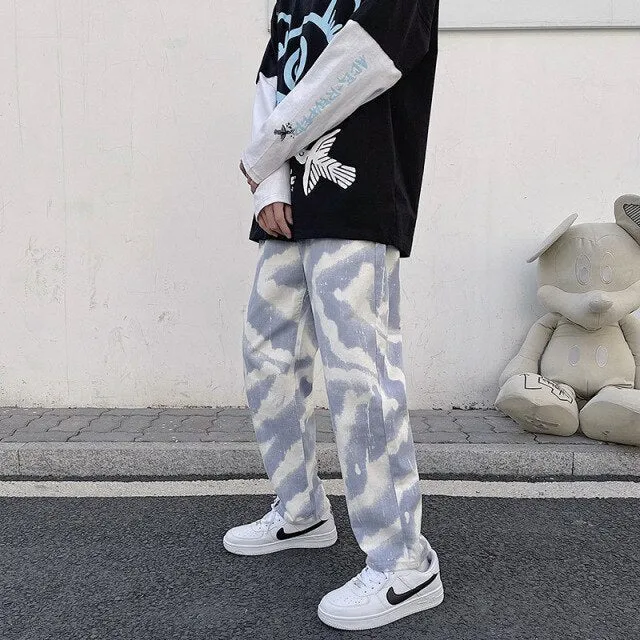 Wiaofellas  -  Men's Fashion Jeans New Tie Dye  Men's Street Hip Hop Elastic Waist Casual Wide Leg Pants Korean Trousers Spring Summer Jeans