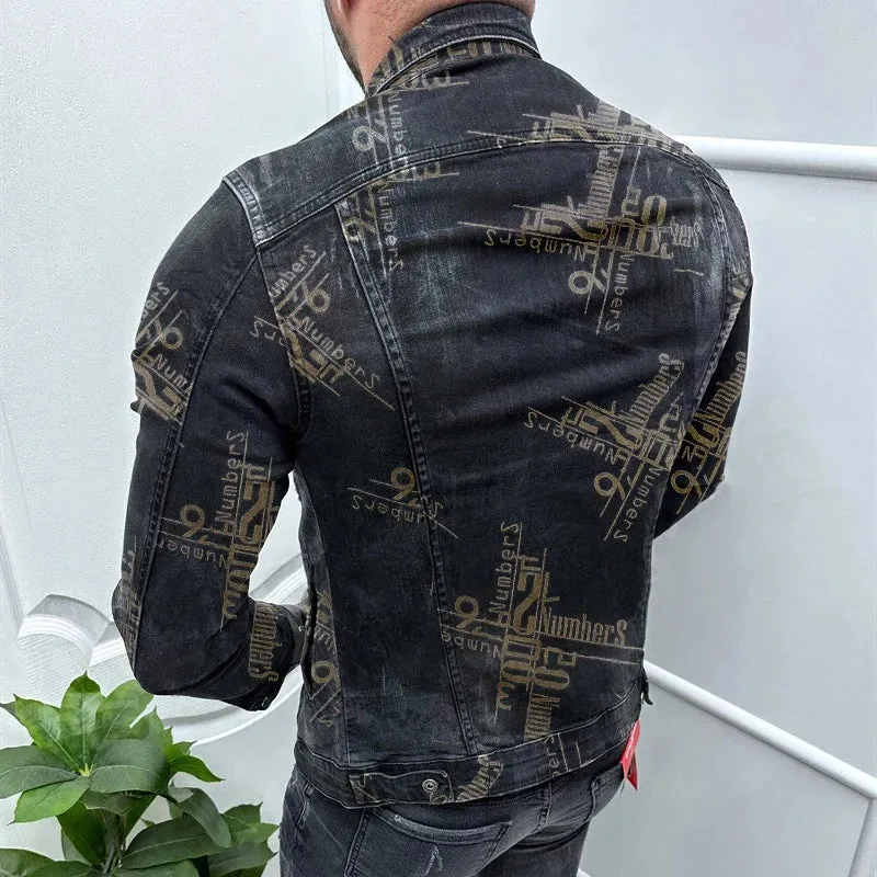 Wiaofellas  -  Vintage Denim Slim Jeans Outwear Motorcycle Winter Pattern Print Lapel Collar Denim Coats Men's Fashion Long Sleeve Jackets