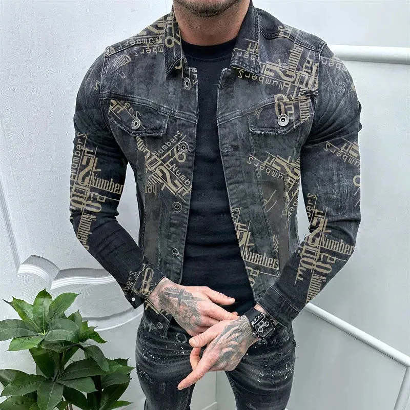 Wiaofellas  -  Vintage Denim Slim Jeans Outwear Motorcycle Winter Pattern Print Lapel Collar Denim Coats Men's Fashion Long Sleeve Jackets