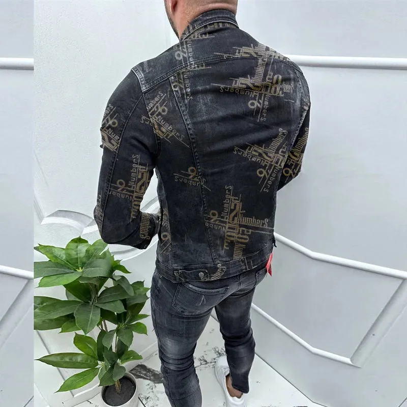 Wiaofellas  -  Vintage Denim Slim Jeans Outwear Motorcycle Winter Pattern Print Lapel Collar Denim Coats Men's Fashion Long Sleeve Jackets