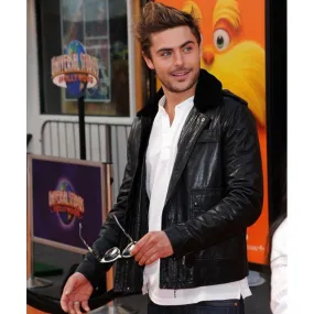 Zac Efron Black Leather Fur Collar Jacket