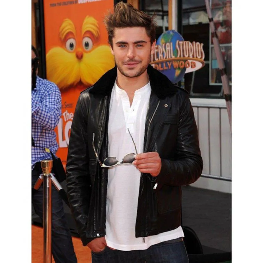 Zac Efron Black Leather Fur Collar Jacket