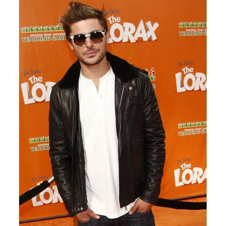 Zac Efron Black Leather Fur Collar Jacket